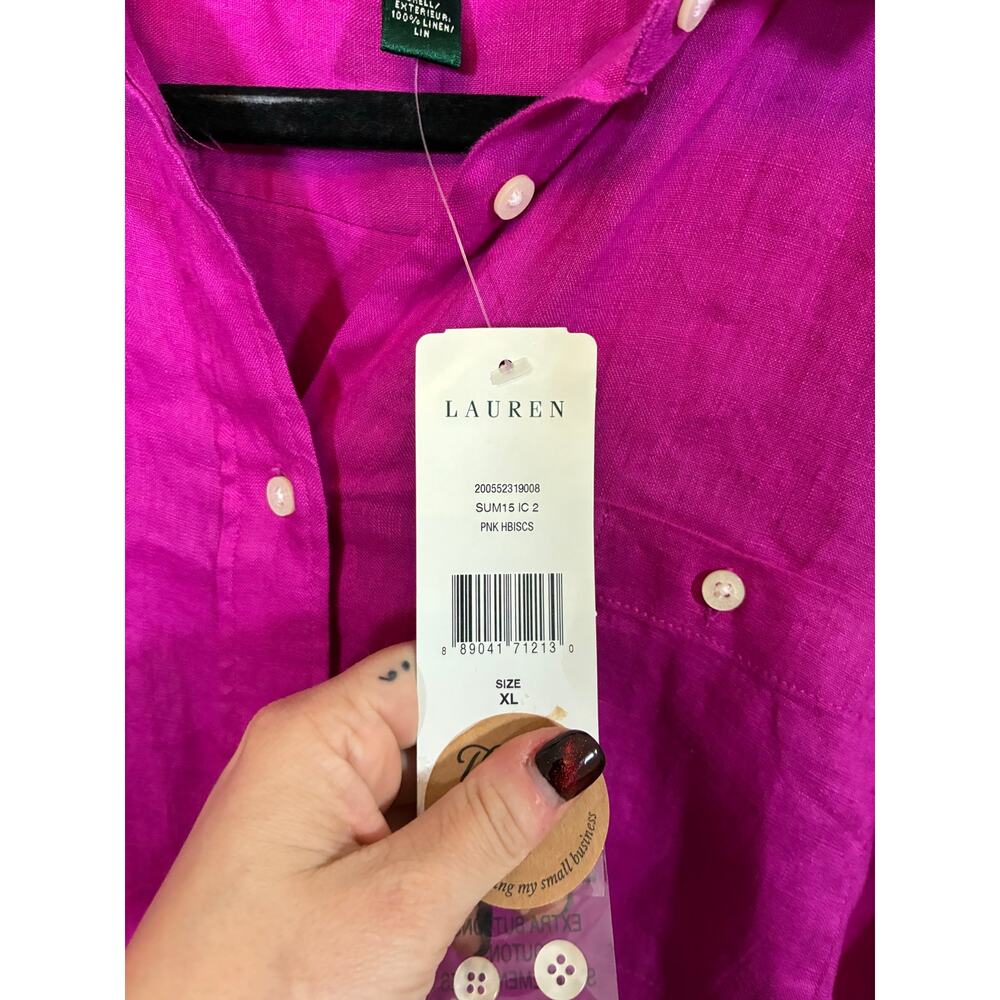 NWT Fuschia Lauren Ralph Lauren Linen Button Front Blouse XL Coastal Grandma - Picture 3 of 5